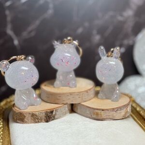 Glittery Resin Animal Keychains, Rabbit, Deer, Bear with pink glitter, gold